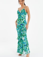 Quiz Blue Floral Chiffon Strappy Maxi Dress With Frill Detail - Image 3 of 4