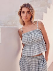 Blue Checked Cheesecloth Ruched 100% Cotton Top - Image 1 of 6