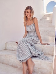 Blue Checked Cheesecloth Ruched 100% Cotton Top - Image 2 of 6