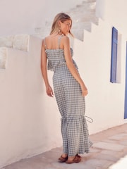 Blue Checked Cheesecloth Ruched 100% Cotton Top - Image 3 of 6