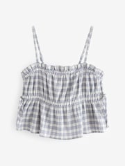 Blue Checked Cheesecloth Ruched 100% Cotton Top - Image 5 of 6