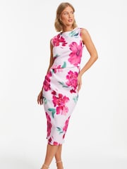 Quiz Pink Floral Round Neck Midi Dress - Image 1 of 4