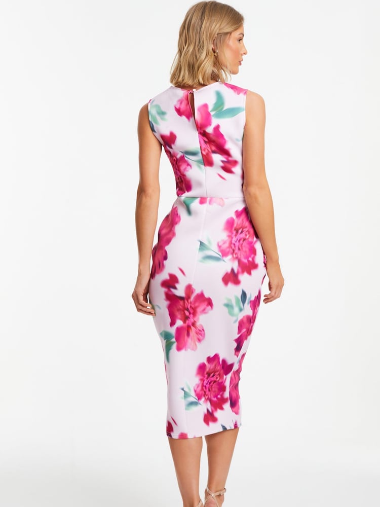 Quiz Pink Floral Round Neck Midi Dress - Image 2 of 4