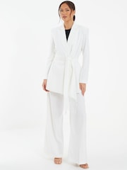 Quiz White Woven Tailored Blazer with White Fringe Tie Belt - Image 1 of 4