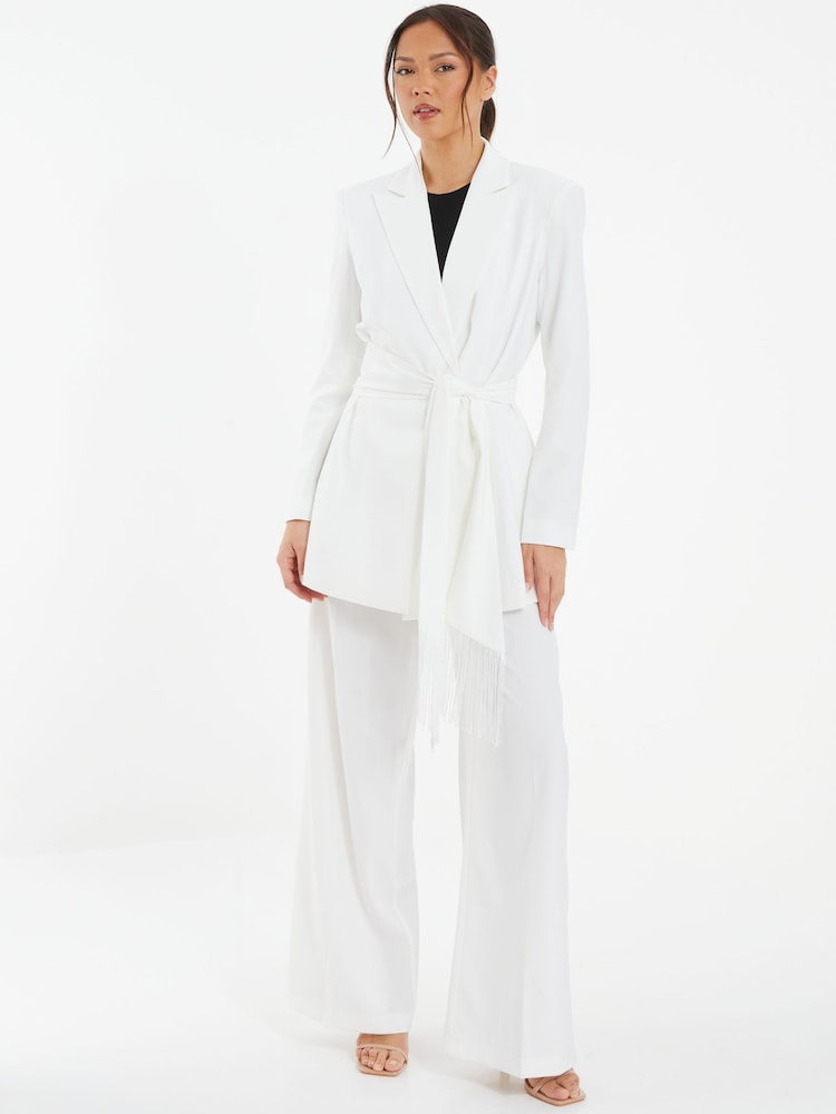 Quiz White Woven Tailored Blazer with White Fringe Tie Belt - Image 1 of 4