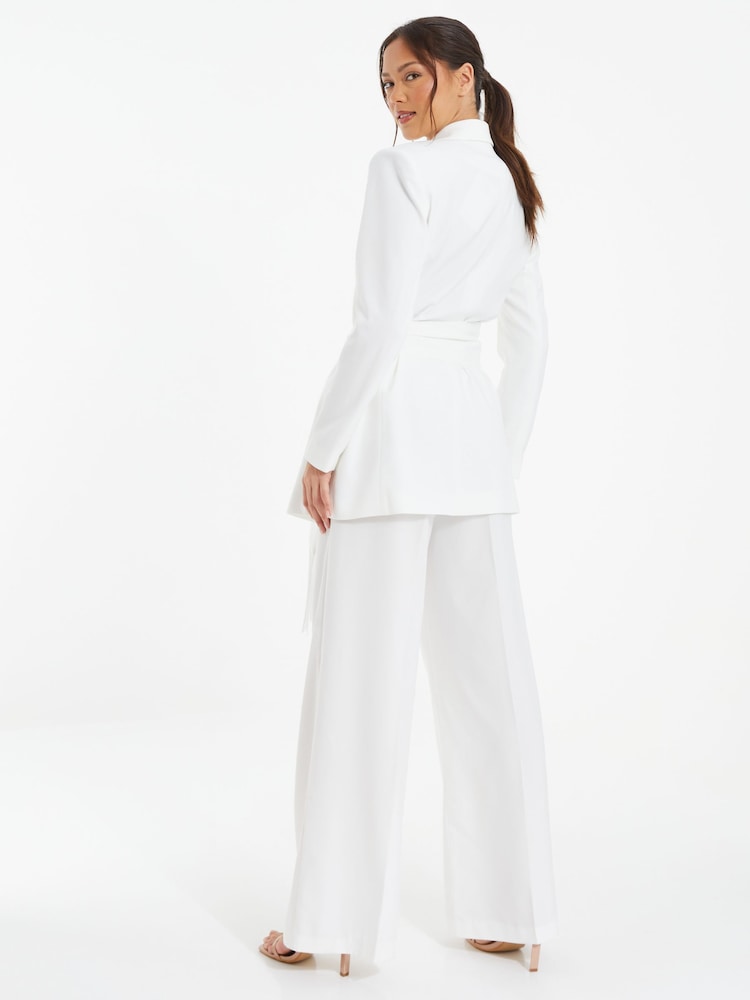 Quiz White Woven Tailored Blazer with White Fringe Tie Belt - Image 2 of 4