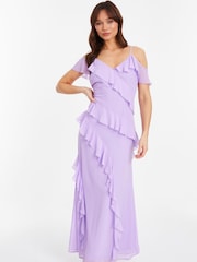 Quiz Purple Cold Shoulder Maxi Dress with Frills - Image 1 of 4