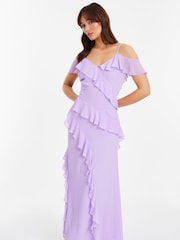 Quiz Purple Cold Shoulder Maxi Dress with Frills - Image 3 of 4
