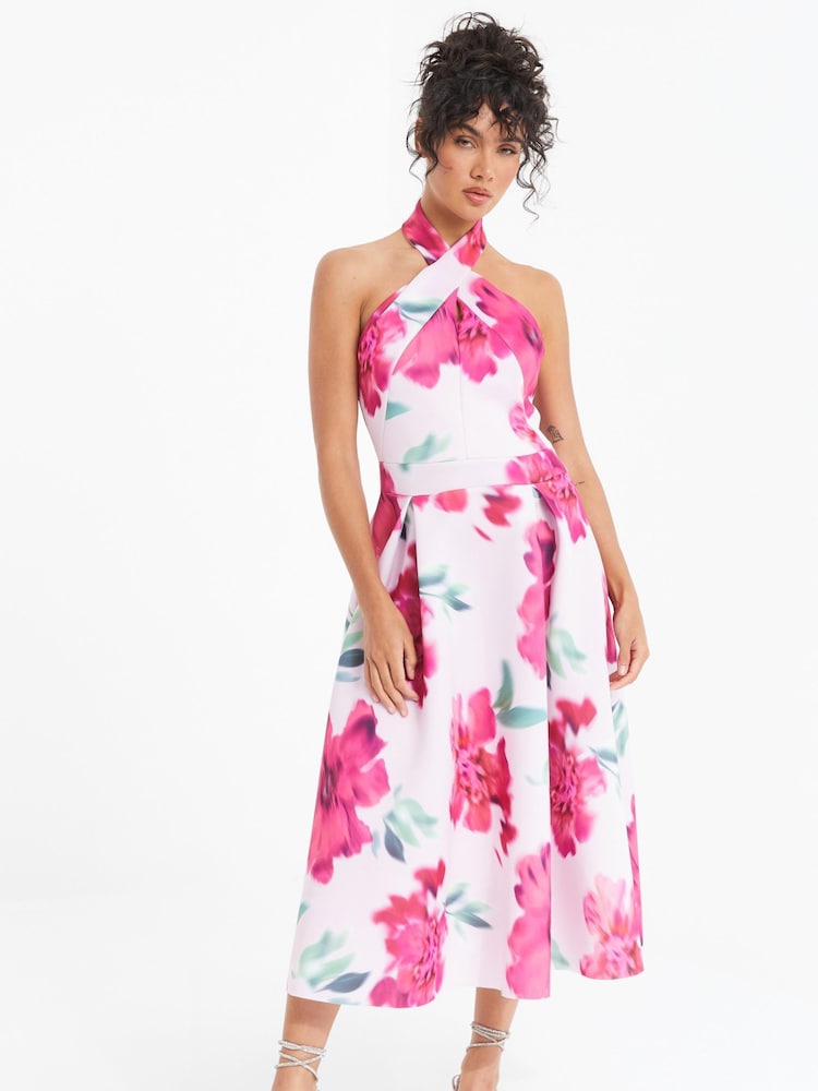 Quiz Pink Floral Halter Neck Skater Dress - Image 1 of 4