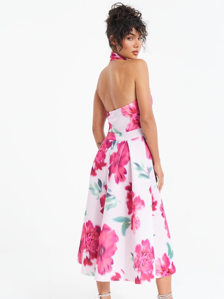 Quiz Pink Floral Halter Neck Skater Dress - Image 2 of 4