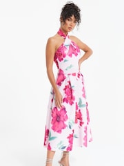 Quiz Pink Floral Halter Neck Skater Dress - Image 3 of 4