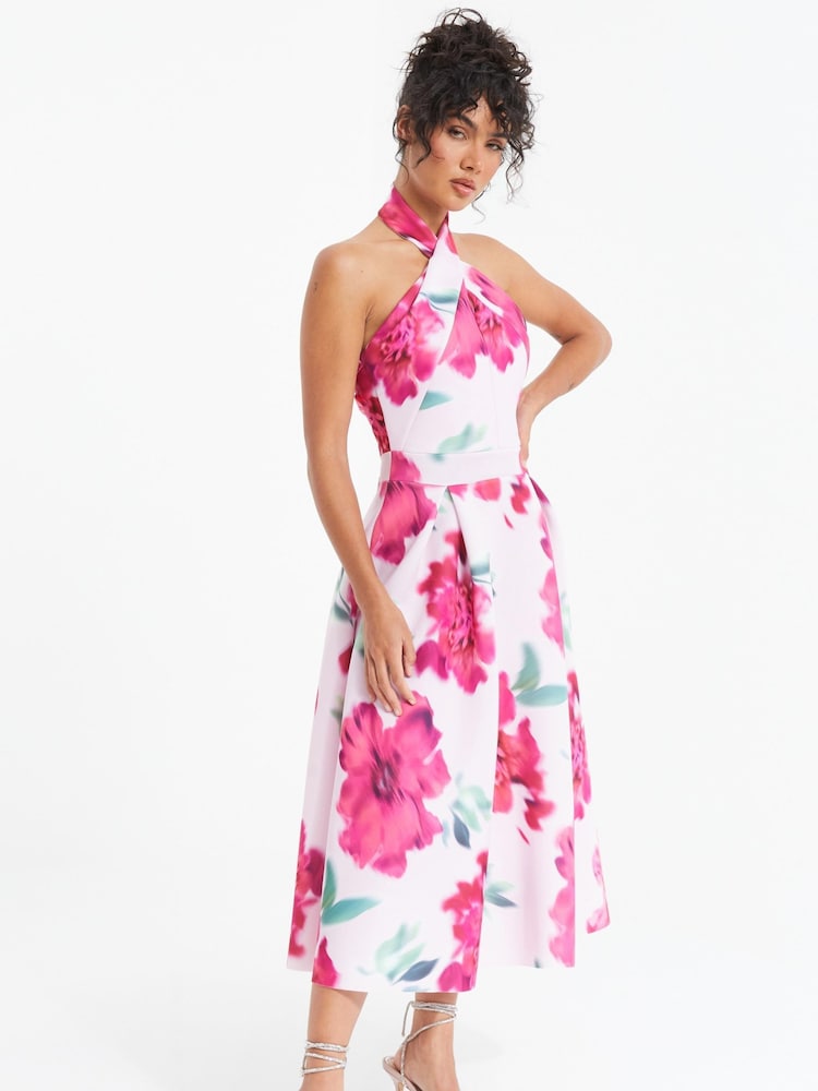 Quiz Pink Floral Halter Neck Skater Dress - Image 3 of 4