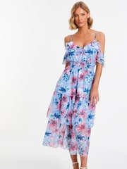 Quiz Blue Floral Chiffon Cold Shoulder Tiered Midi Dress - Image 1 of 5
