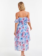 Quiz Blue Floral Chiffon Cold Shoulder Tiered Midi Dress - Image 3 of 5