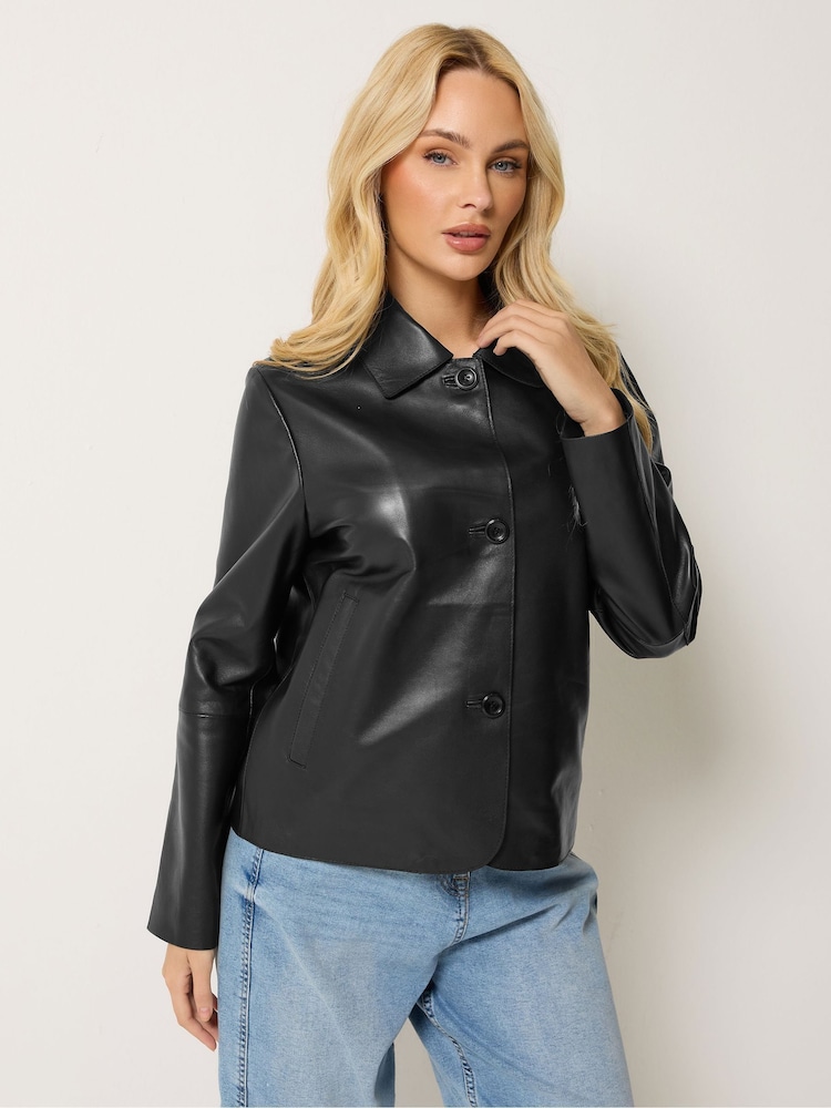 M&Co Black Premium Real Leather Collared Jacket - Image 1 of 5 M&Co Black Premium Real Leather Collared Jacket - Image 1 of 5