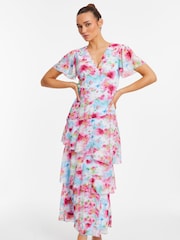 Quiz Pink Floral Chiffon Maxi Dress with Frill and Angel Short Sleeve - Image 1 of 5