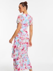 Quiz Pink Floral Chiffon Maxi Dress with Frill and Angel Short Sleeve - Image 3 of 5