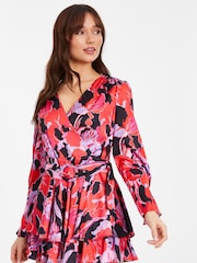 Quiz Pink Floral Satin Wrap Playsuit - Image 1 of 4