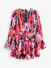 Quiz Pink Floral Satin Wrap Playsuit - Image 4 of 4