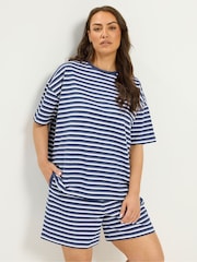 Yours Curve Blue Stripe T-Shirt & Shorts Co-Ord - Image 1 of 6