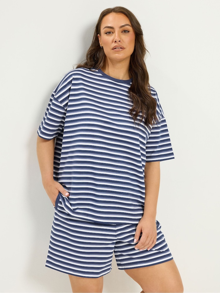Yours Curve Blue Stripe T-Shirt & Shorts Co-Ord - Image 1 of 6 Yours Curve Blue Stripe T-Shirt & Shorts Co-Ord - Image 1 of 6