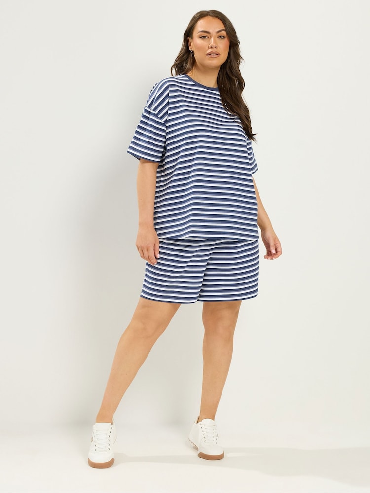 Yours Curve Blue Stripe T-Shirt & Shorts Co-Ord - Image 2 of 6 Yours Curve Blue Stripe T-Shirt & Shorts Co-Ord - Image 2 of 6