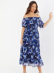 Quiz Blue Chiffon Floral Bardot Tiered Midi Dress - Image 1 of 5