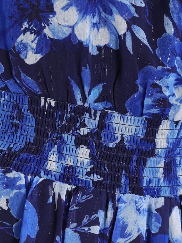 Quiz Blue Chiffon Floral Bardot Tiered Midi Dress - Image 5 of 5