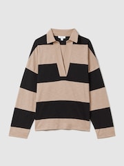 Reiss Black/Camel Abigail Striped Cotton Open-Collar T-Shirt - Image 2 of 6
