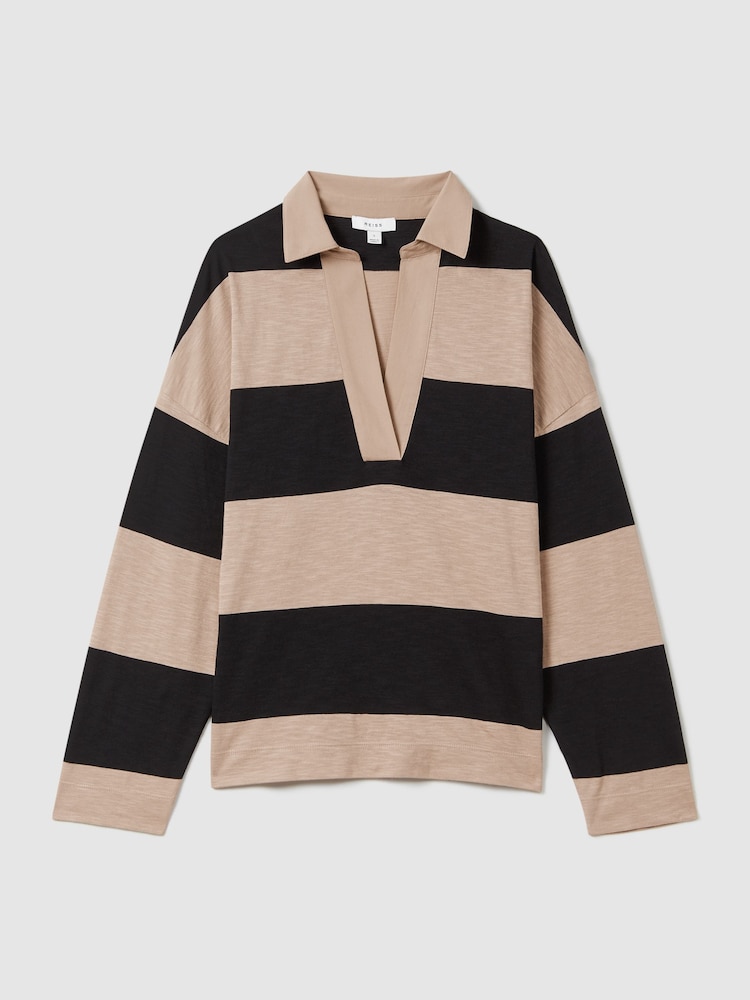 Reiss Black/Camel Abigail Striped Cotton Open-Collar T-Shirt - Image 2 of 6
