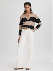 Reiss Black/Camel Abigail Striped Cotton Open-Collar T-Shirt - Image 3 of 6