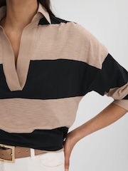 Reiss Black/Camel Abigail Striped Cotton Open-Collar T-Shirt - Image 4 of 6