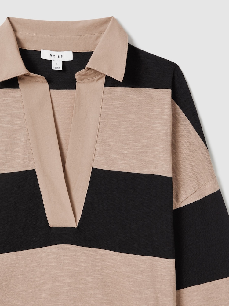 Reiss Black/Camel Abigail Striped Cotton Open-Collar T-Shirt - Image 6 of 6
