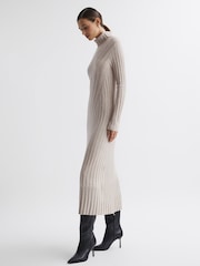 Reiss Neutral Cady Knitted Roll Neck Midi Dress - Image 1 of 7