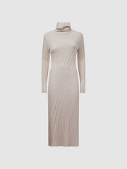 Reiss Neutral Cady Knitted Roll Neck Midi Dress - Image 2 of 7