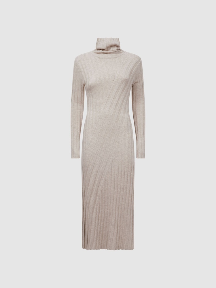 Reiss Neutral Cady Knitted Roll Neck Midi Dress - Image 2 of 7