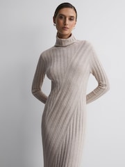 Reiss Neutral Cady Knitted Roll Neck Midi Dress - Image 3 of 7