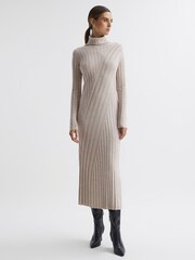 Reiss Neutral Cady Knitted Roll Neck Midi Dress - Image 4 of 7