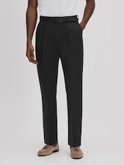 Reiss Black Liquid Relaxed Tapered Belted Trousers - Image 1 of 5