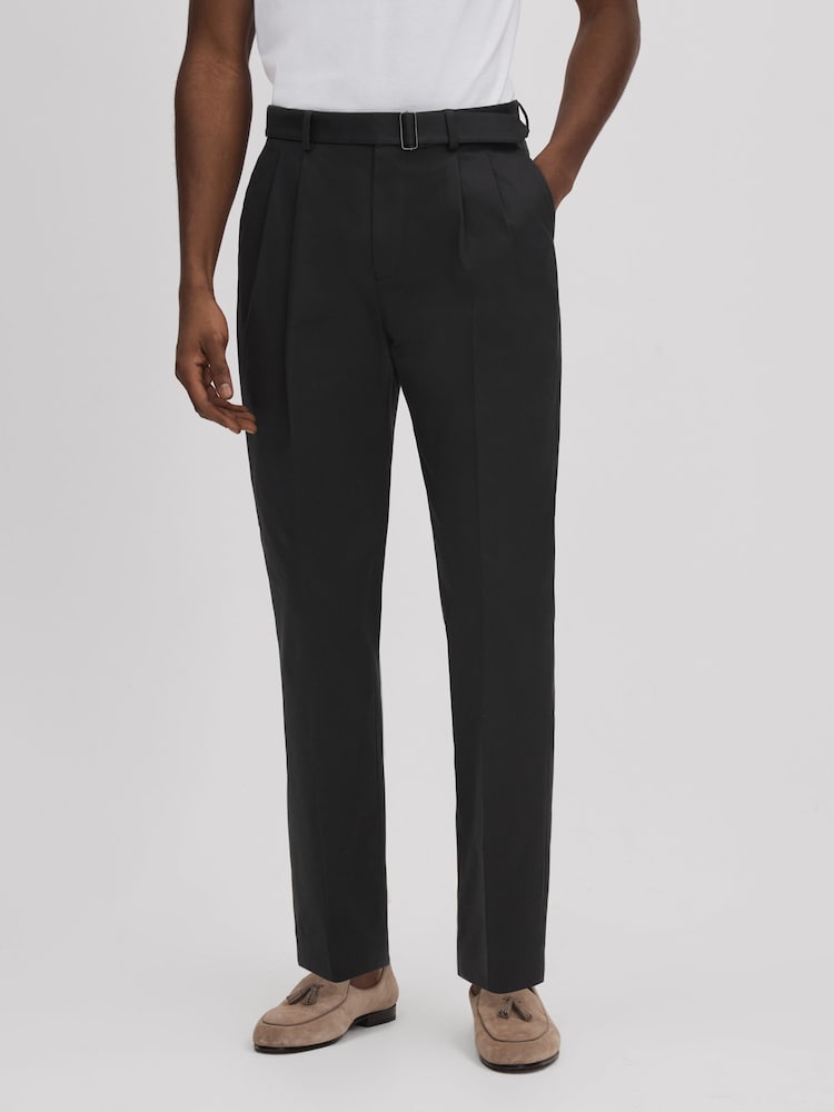 Reiss Black Liquid Relaxed Tapered Belted Trousers - Image 1 of 5