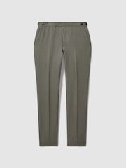 Reiss Dark Sage Halgas 100% Linen Side Adjuster Slim Fit Trousers - Image 2 of 6