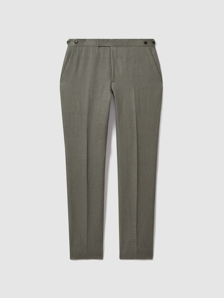 Reiss Dark Sage Halgas 100% Linen Side Adjuster Slim Fit Trousers - Image 2 of 6