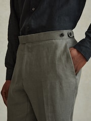 Reiss Dark Sage Halgas 100% Linen Side Adjuster Slim Fit Trousers - Image 4 of 6