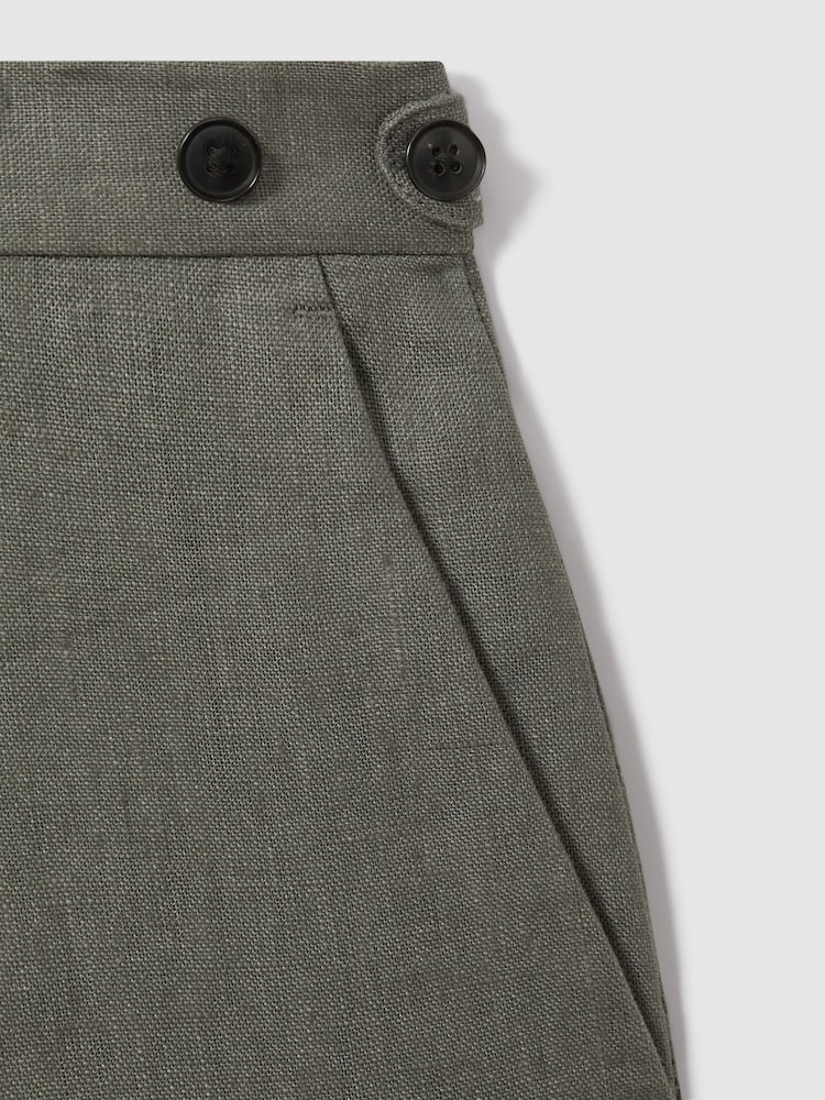 Reiss Dark Sage Halgas 100% Linen Side Adjuster Slim Fit Trousers - Image 6 of 6