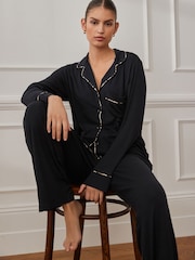 Black Ribbed Button Through Pyjamas - Image 1 of 9