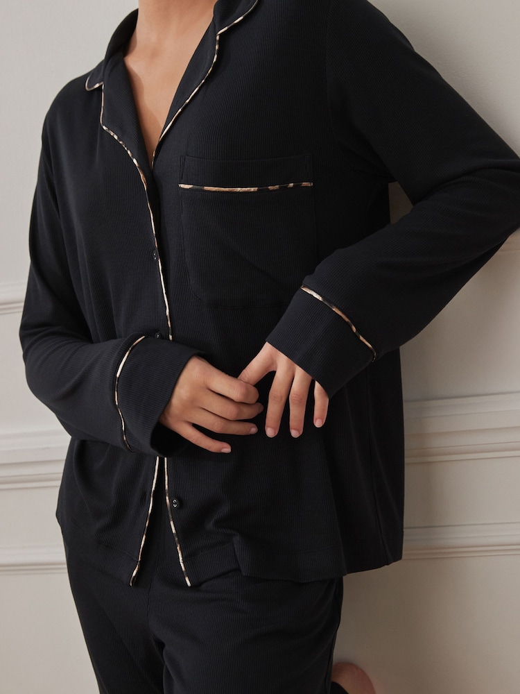 Black Ribbed Button Through Pyjamas - Image 5 of 9