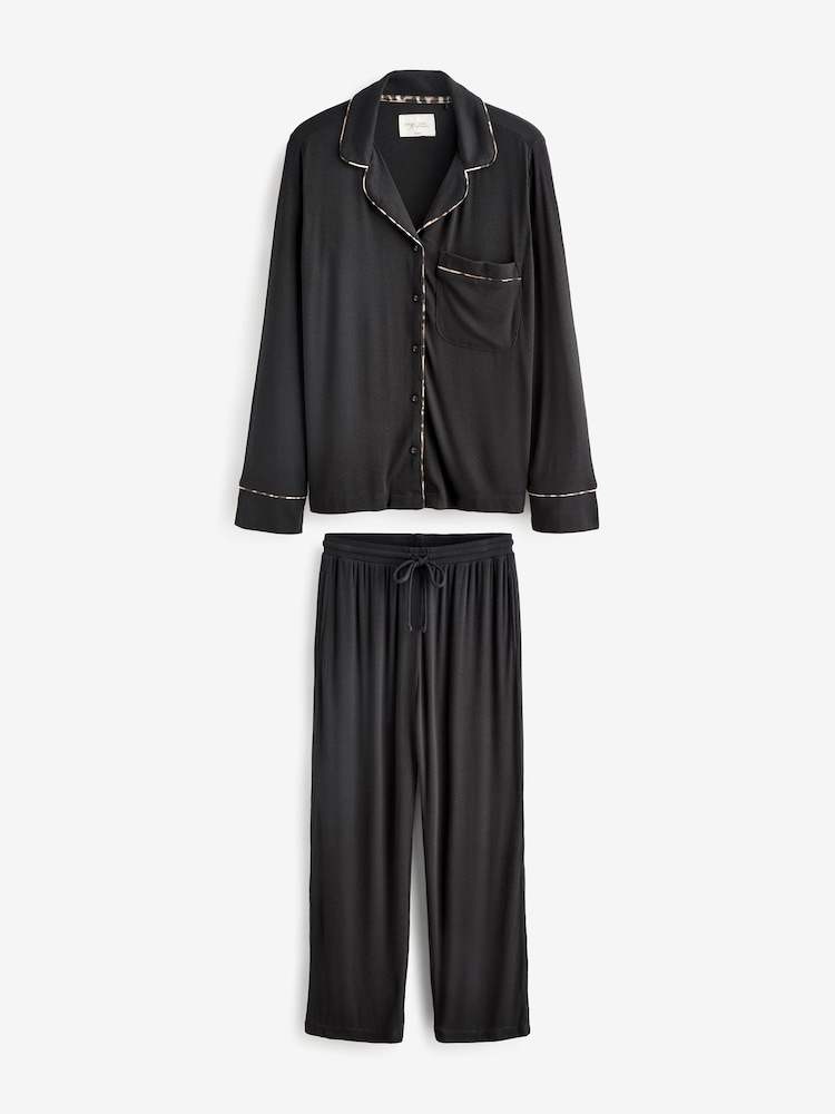 Black Ribbed Button Through Pyjamas - Image 7 of 9