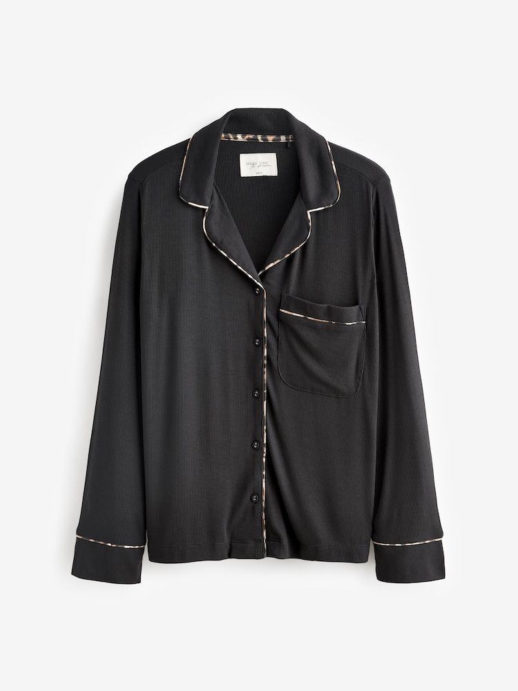 Black Ribbed Button Through Pyjamas - Image 8 of 9