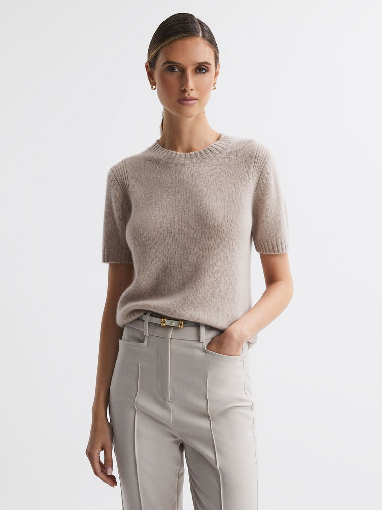 Reiss Neutral Hallie Cashmere Short Sleeve Crew Neck T-Shirt - Image 1 of 5 Reiss Neutral Hallie Cashmere Short Sleeve Crew Neck T-Shirt - Image 1 of 5