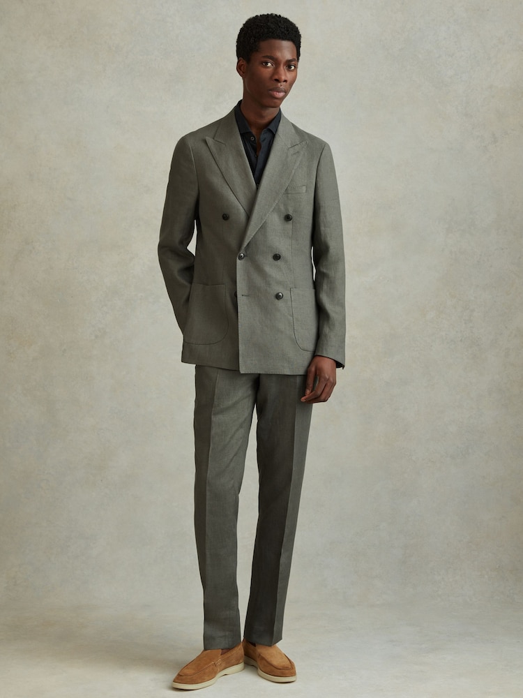 Reiss Dark Sage Halgas Linen Double Breasted Blazer - Image 1 of 7